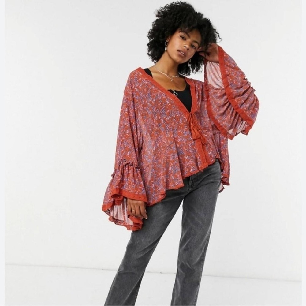 Free People Lola Bell Sleeve Tassel Tie Close Kimono Blouse Size-Large